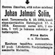 Kuolinilmoitus. Suomen Sosialidemokraatti, 26.04.1919, nro 95, s. 1. Kansalliskirjaston digitaaliset aineistot.
