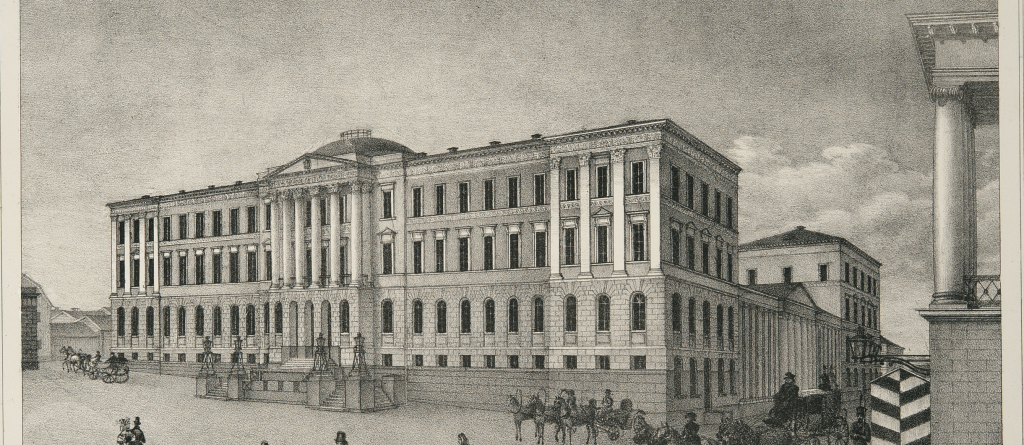 Litogragia Suomen senaatin rakennuksesta vuodelta 1838.