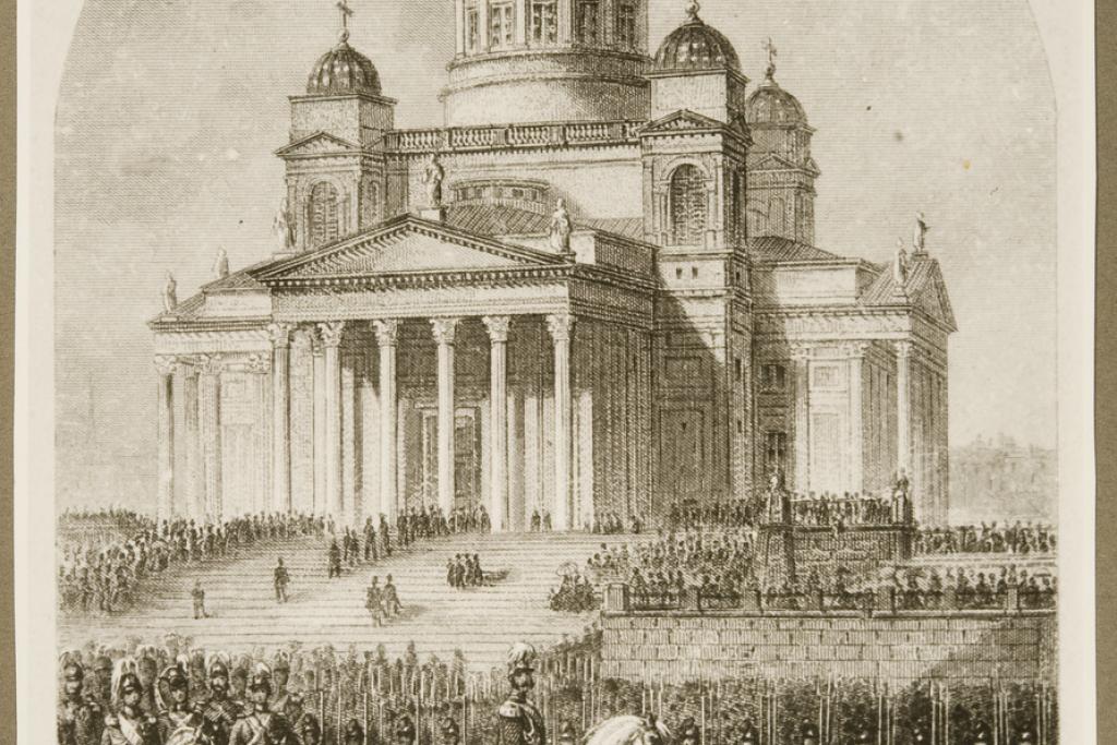The opening of the Diet of Finland in Helsinki on 18 September 1863. Emperor Alexander II participated in the opening service in St. Nicholas’ Church, where he arrived by horse with his entourage from the Imperial Palace. Painting by A. D. Sharleman (Charlemagne).  Photo: Photograph: Brockhaus, F. A., engraver; Charleman, A. D., illustrator / The Finnish Heritage Agency