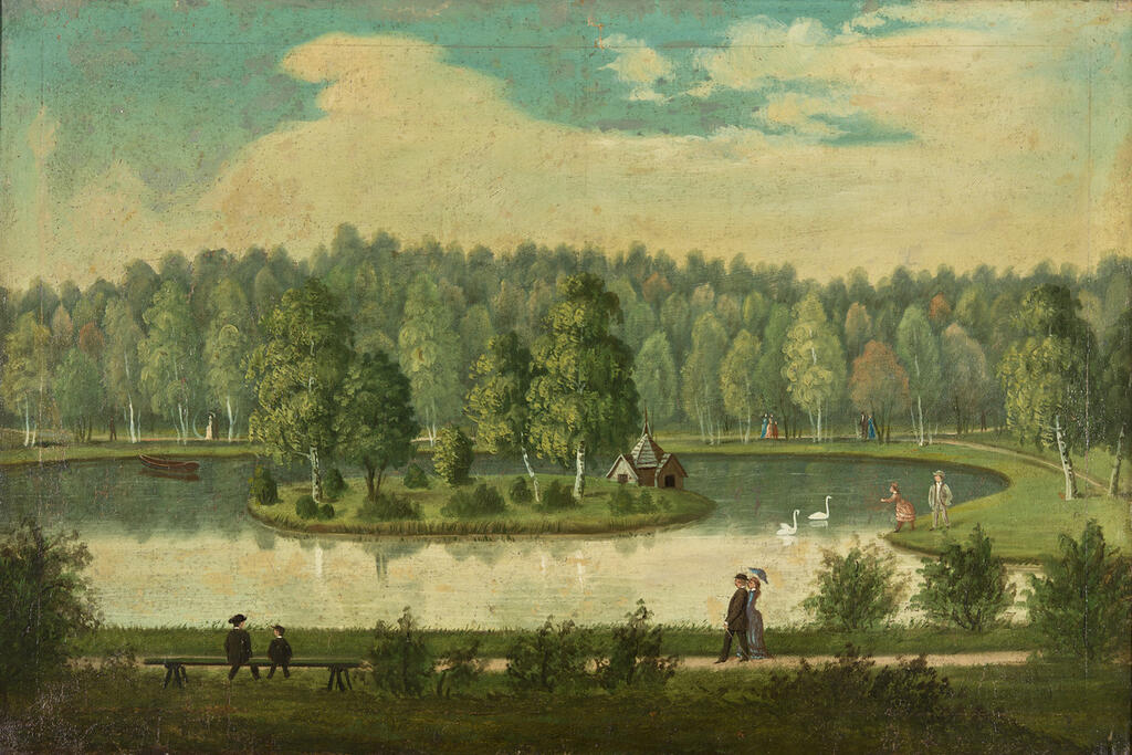 Målningen av en okänd konstnär från 1880-talet föreställer svandammen som fanns i Kajsaniemiparken och hade en ö i mitten. Foto: Helsingfors stadsmuseum
