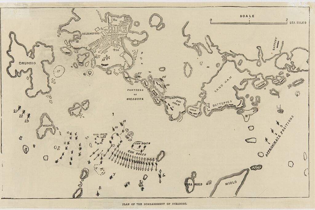 The Illustrated London News -lehdessä julkaistu kartta, joka kuvaa Viaporin linnoituksen pommitusta Krimin sodassa vuonna 1855. Myös Vallisaari joutui raskaan tulituksen alaiseksi, mutta linnoitus kesti. Kuvaaja: Museovirasto