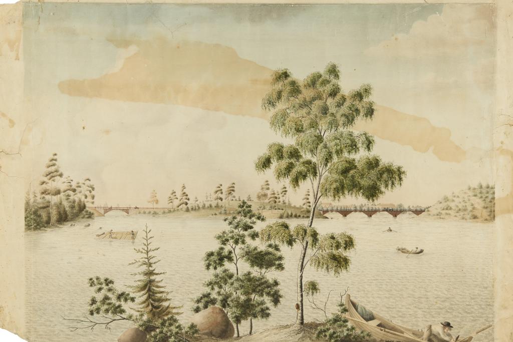 Näkymä Kaisaniemestä luonnonvaraiselta näyttävään Siltasaareen. Oikealla puinen Pitkäsilta ja vasemmalla kivinen Pikkusilta, josta ei tiettävästi ole olemassa tai säilynyt muuta kuvaa. Vesivärimaalaus 1820-luvulta. Kuvaaja: Museovirasto