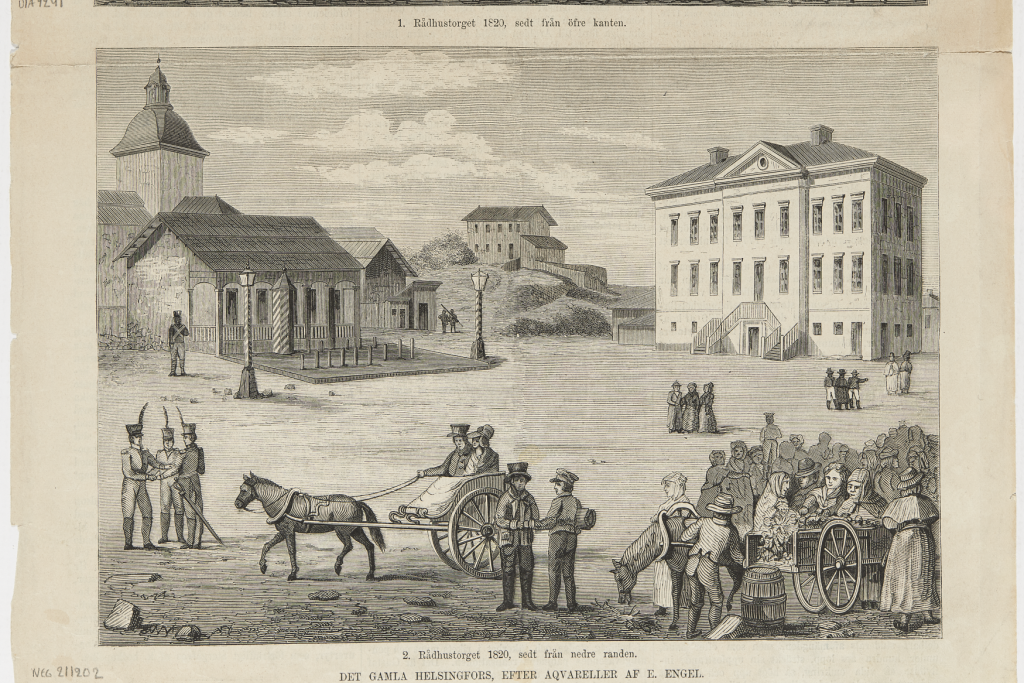 Stortorget i Helsingfors, där numera Senatstorget ligger, på 1810-talet. Teckning av Carl Ludwig Engel, som kom att rita många av de byggnader som idag utmärker stället.  Foto: Museiverket