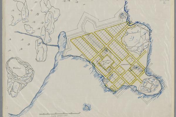 Karttaan piirretty suunnitelma Helsingin kaupungin uudesta sijainnista Sörnäisissä. Mukana myös linnojen ja linnakkeiden piirrokset.