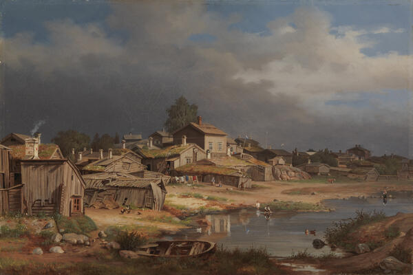 A painting showing low wooden buildings at the water front. There are wooden boats in the foreground.