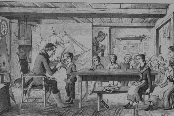 Piirroskuvassa näkyy pöytä, jonka ympärillä istuu oppilaita. Pöydän päässä nojatuolissa istuu mies, jolla on keppi kädessä. Hänen edessään seisoo poika ihan kepin lähellä.