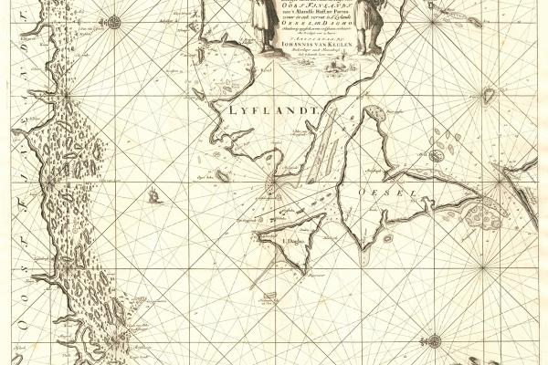 Vanha kartta, jossa näkyy Suomen etelärannikko ja Viron itärannikkoa saarineen.