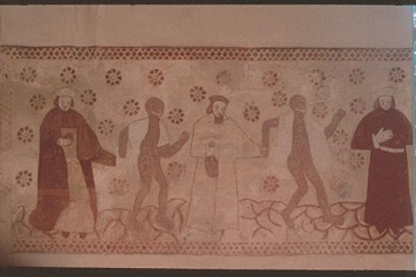 Finlands enda väggmålning om dödsdansen som var ett vanligt tema inom europeisk kyrkokonst under senmedeltiden. Döden bjuder upp både bönder och biskopar. Målningen finns i den helige Nikolaus kyrka i Ingå.