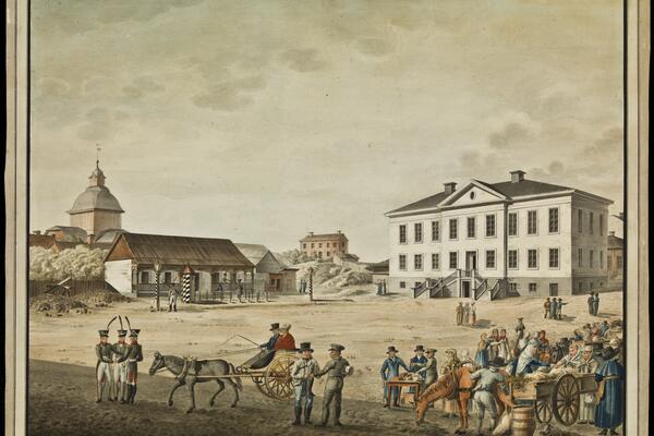 Torglandskap. I förgrunden stadsbor och hästar med vagn, i bakgrunden Ulrika Eleonora kyrka, högvakten och rådhuset.