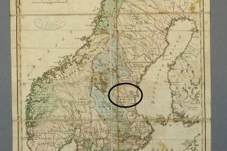 En gammal karta över Sverige med närområden. Helsingland har ringats in på kartan.