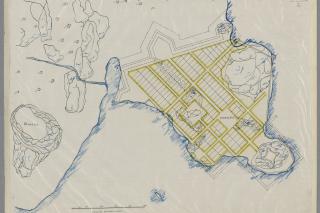 Karttaan piirretty suunnitelma Helsingin kaupungin uudesta sijainnista Sörnäisissä. Mukana myös linnojen ja linnakkeiden piirrokset.