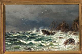 Oljemålningen föreställer ett skepp som håller på att sjunka i en storm.
