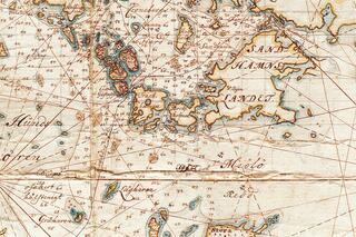 Gammalt sjökort, som visar öarnas namn och djupmätningar