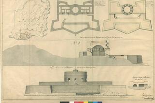 En ritning som föreställer den tilltänkta fästningens placering på ön samt fästningen från sidorna och från ovan.