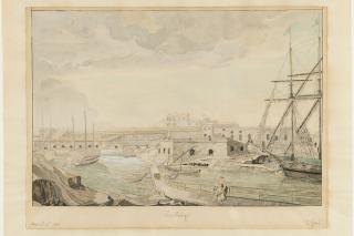 Målning som visar Sveaborgs bastionsmurar samt segelfartyg