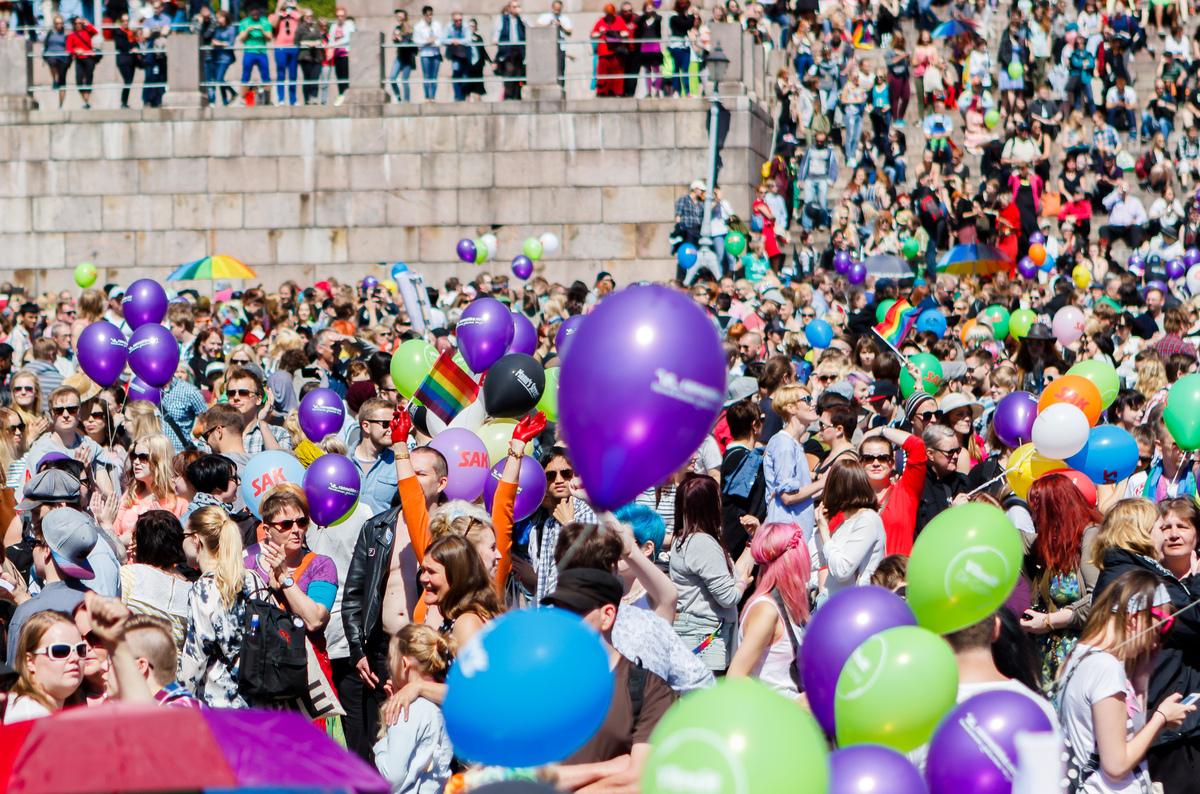 The Helsinki Pride 2014 parade gathered on the Senate Square. Photo: Helsinki City Museum / Melissa Hanhirova