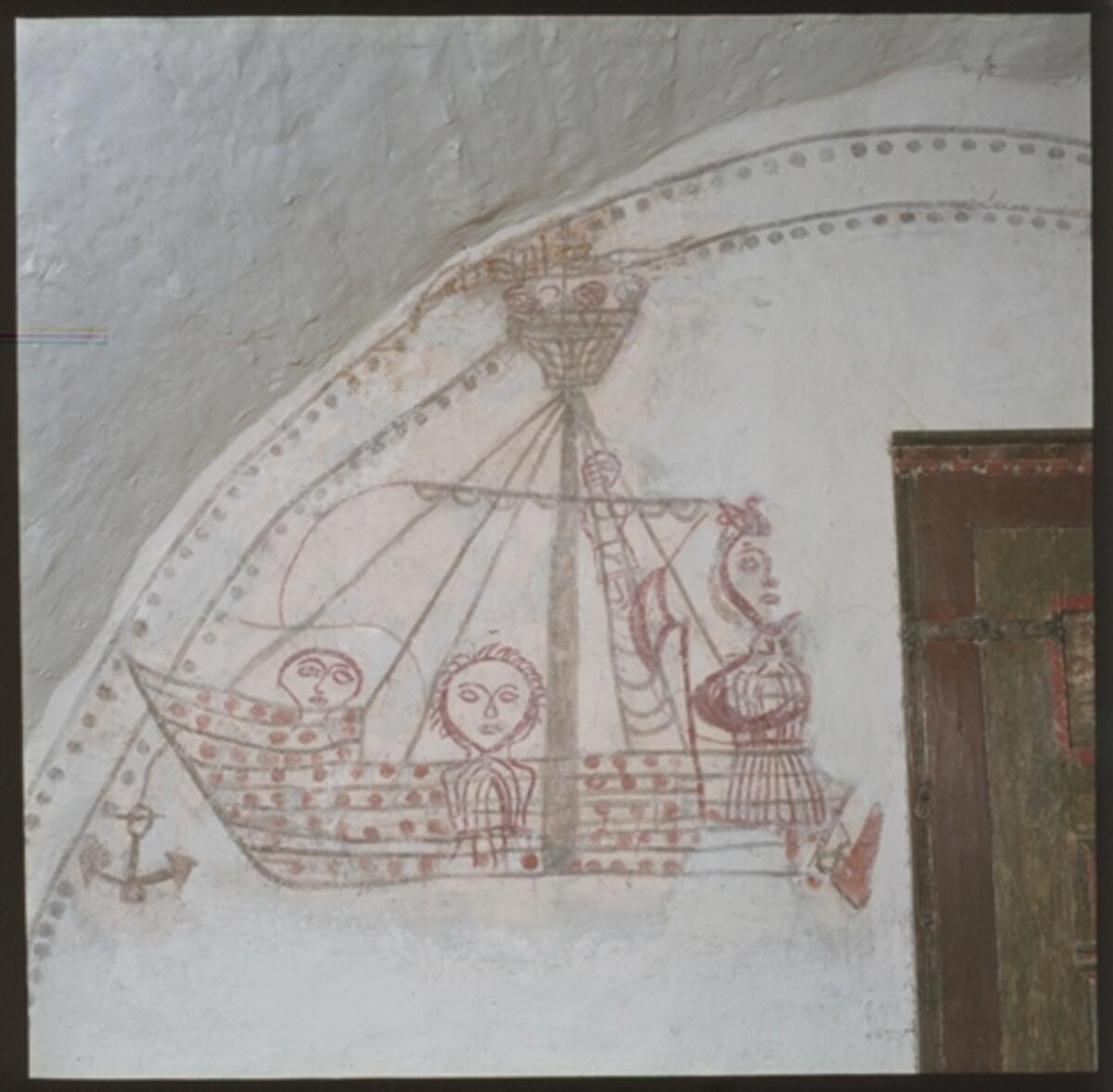 Votiivimaalaus Finströmin kirkon seinässä. Maalaus on 1400-luvulta ja restauroitu 1920- ja 1970-luvuilla. Kirkko sijaitsee Ahvenanmaalla. Kuvaaja: Museovirasto / P. O. Welin