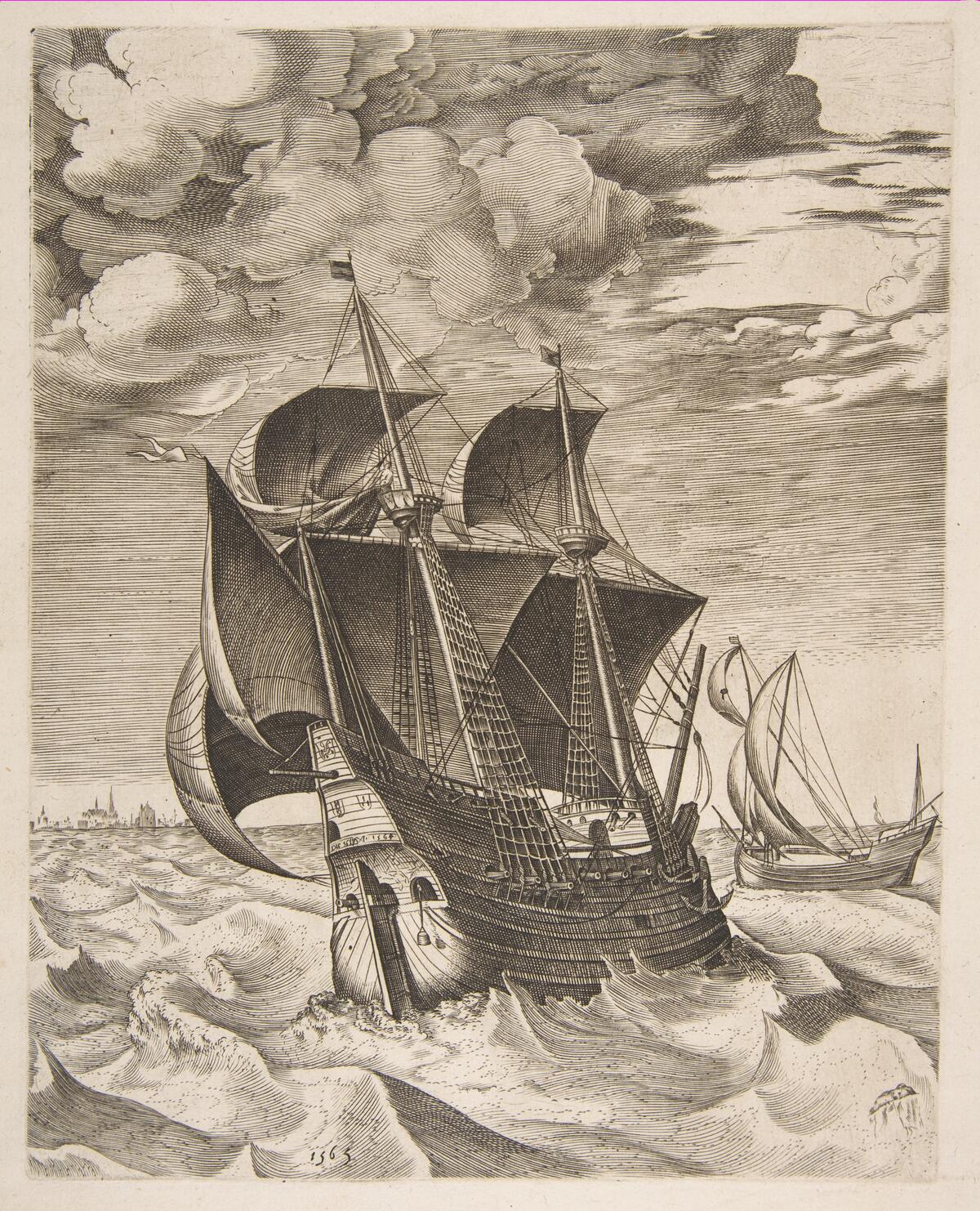 Piirroksessa on kuvattu takaa päin purjealus tuulisella merellä.