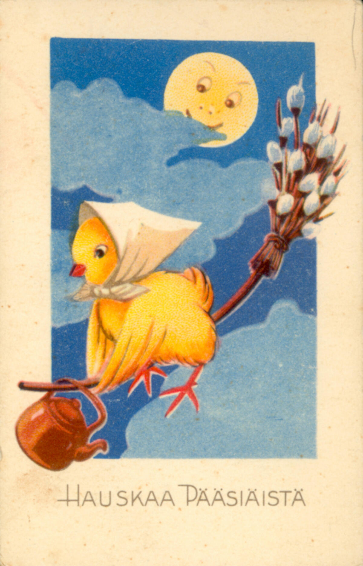Kortin kuvassa tipu lentää luudalla, jonka varvut ovat pajunkissoja.