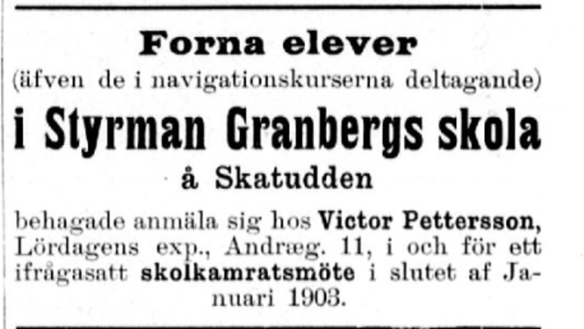 Ruotsinkielinen lehti-ilmoitus, jossa pyydetään perämies Granbergin entisiä oppilaita ilmoittautumaan koulutoveritapaamiseen.