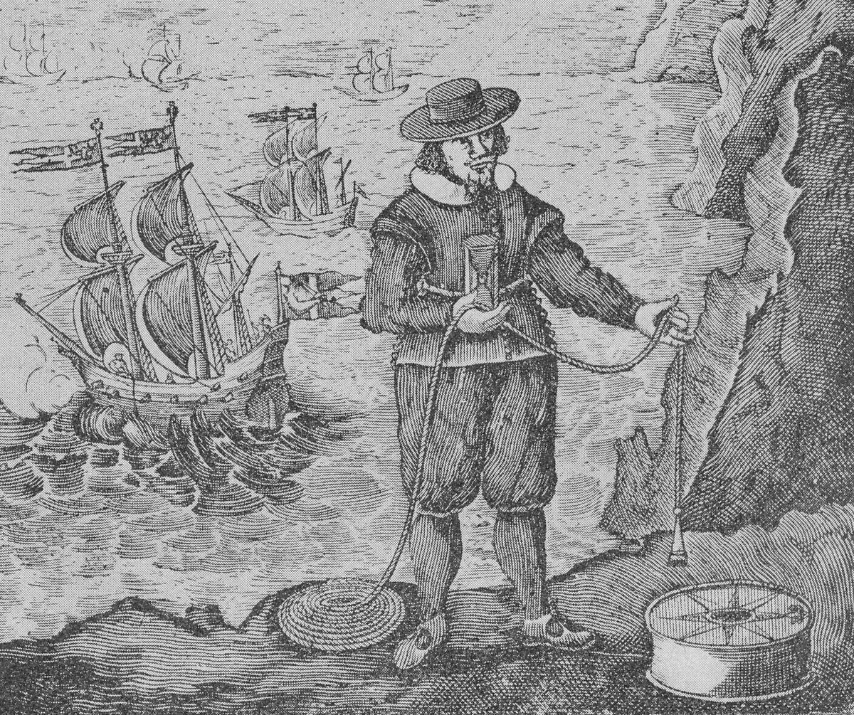 Piirros esittää 1600-luvun vaatteisiin pukeutunutta miestä, jolla on kädessään luotiliina. Hän seisoo kallioisella rannalla, ja hänen takanaan on meri, jossa on laivoja. 