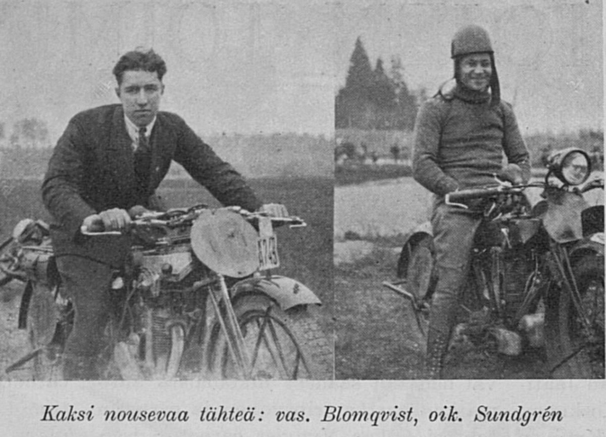 Kaksi lehdessä vierekkäin ilmestynyttä kuvaa, joissa on mies moottoripyörän selässä ja kuvateksti: "Kaksi nousevaa tähteä, vas. Blomqvist, oik. Sundgren"