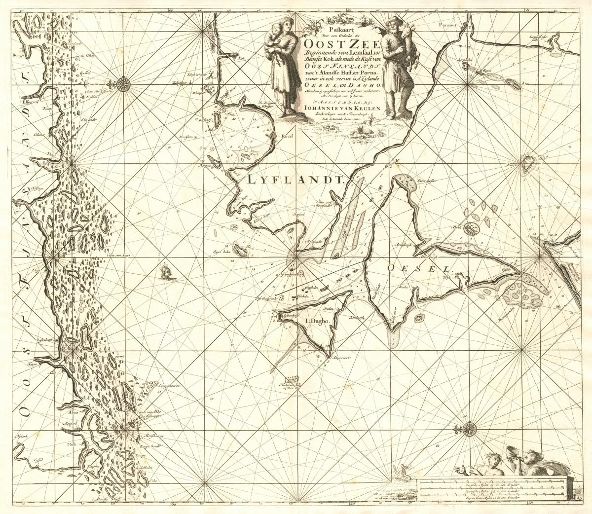 Vanha kartta, jossa näkyy Suomen etelärannikko ja Viron itärannikkoa saarineen.