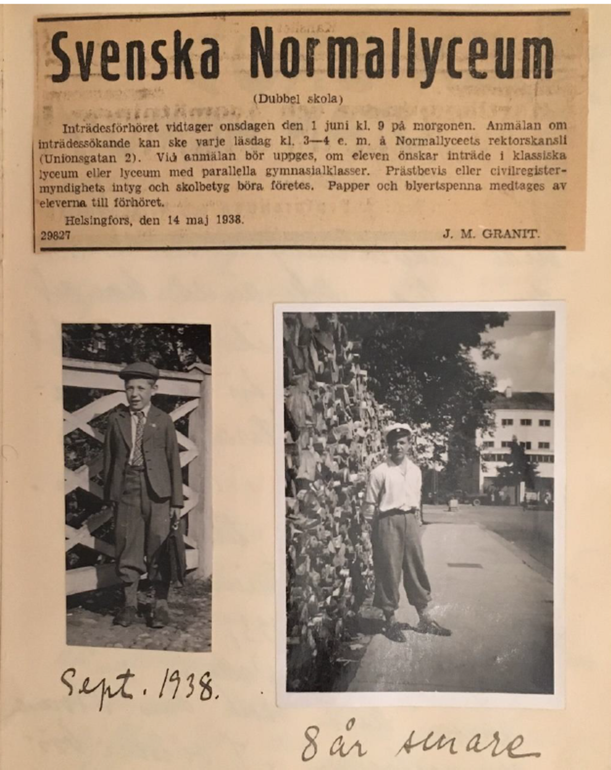 Päiväkirjan sivulla on lehdestä leikattu ilmoitus, jossa kerrotaan Svenska Normallyceumin pääsykokeista 14.5.1938. Sen alla on kaksi valokuvaa, vasemmassa poika syyskuussa 1938 ja oikeassa sama poika 8 vuotta myöhemmin.