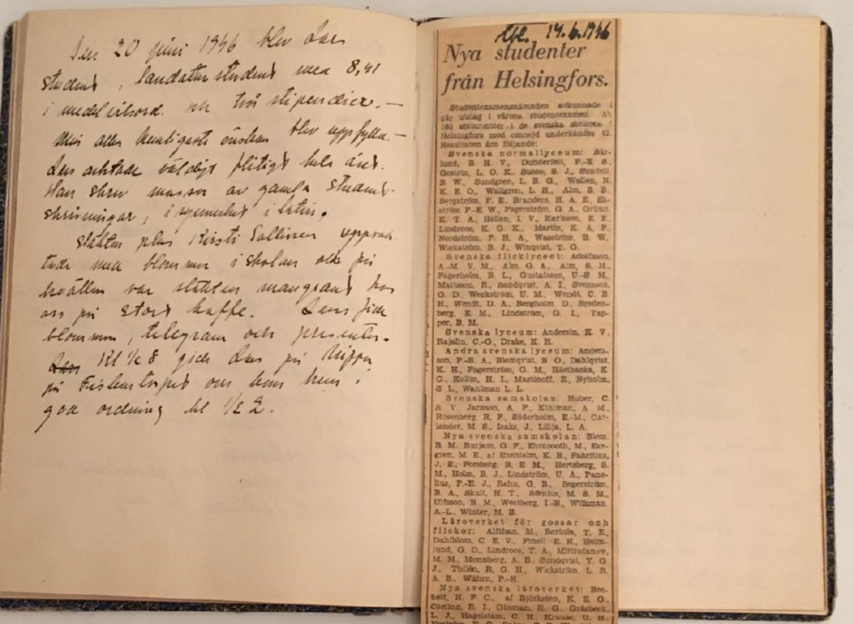 Päiväkirjan sivulla on ruotsinkielistä tekstiä ja lehdestä leikattu juttu, jossa on lueteltu ruotsinkielisistä lukioista valmistuneet ylioppilaat 14.6.1946.