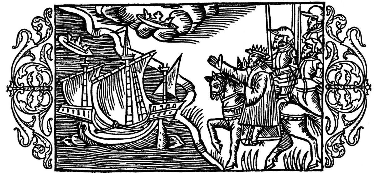 Holkki oli kaareva alus, jossa oli kolme mastoa. Keula- ja peräkorokkeet ovat sulautuneet runkoon. Tässä aluksessa on mesaanimastossa viisto- eli latinalaispurje. Olaus Magnus: Pohjoisten kansojen historia  (1555).  Kuvaaja: Wikimedia Commons