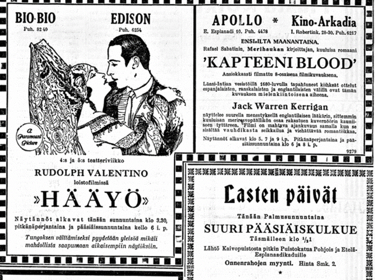 Huvikielto oli voimassa ehtookelloista ehtookelloihin, joita soitettiin klo 18. Siksi elokuvanäytökset alkoivat klo 18 – tai  6 i.p. (iltapäivällä), kuten asian saattoi ilmaista. Kuvassa Uuden Suomen elokuvamainoksia vuodelta 1926. Kuvaaja: Digitaalinen sanomalehtikirjasto