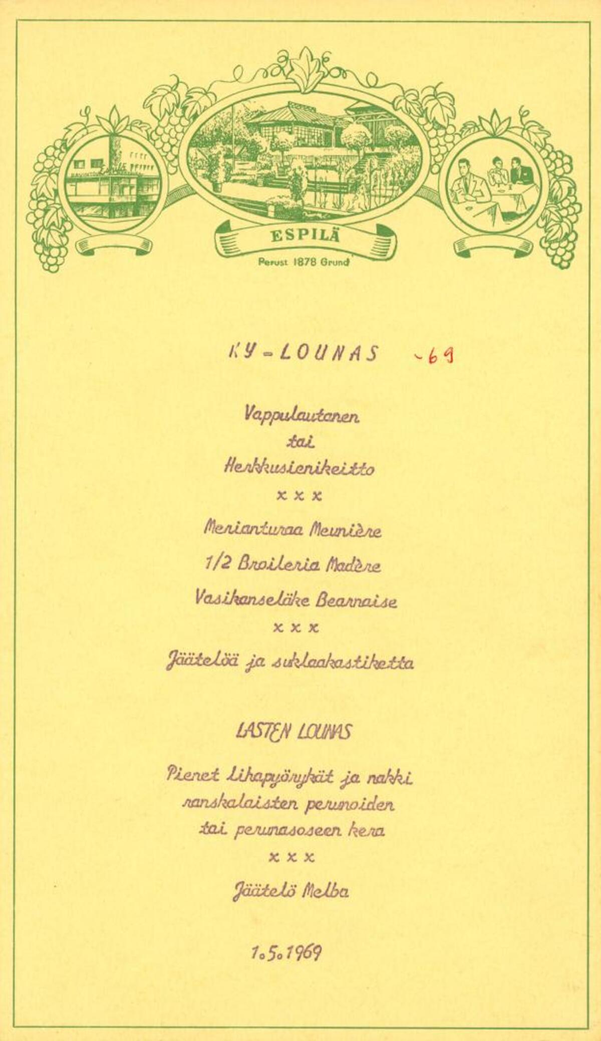 Päivänlista; 1.5.1969, Espilä, Helsinki; KY-lounas