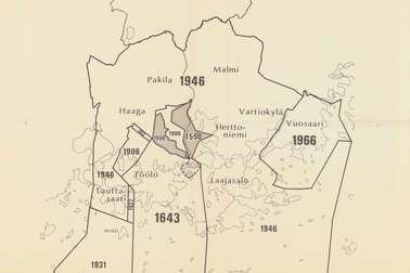 Kartta Helsingin kaupungin rajamuutoksista vuosien 1550 ja 1966 välillä.