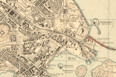 Sörnäs karta från 1932 visar hur byggandet och markutfyllnaderna har framskridit.