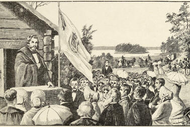 Piirroskuvassa on runsaasti juhlaväkeä. Keskellä liehuu lippu ja naisilla on päivänvarjot.