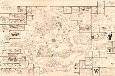 Korkeasaaren piirretty opaskartta. Kartan reunoille on piirretty kuvat eläimistä (ja muista kohteista, kuten ravintolasta) ja karttaan on merkitty numerolla mistä päin saarta ne löytyvät.