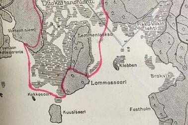 Yksityiskohta kartasta, jossa näkyy silloinen Latokartanonlahti eli nykyinen Vanhankaupunginlahti, Lammassaari, Kuusisaari, Vanhakaupunki ja Pikku-Viikin pellot.