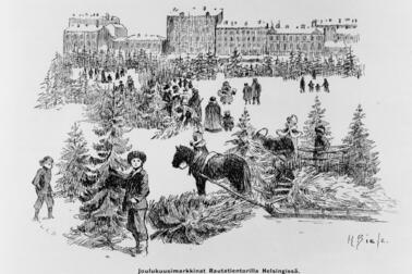 Piirretty kuva joulukuusien myynnistä Rautatientorilla vuonna 1899