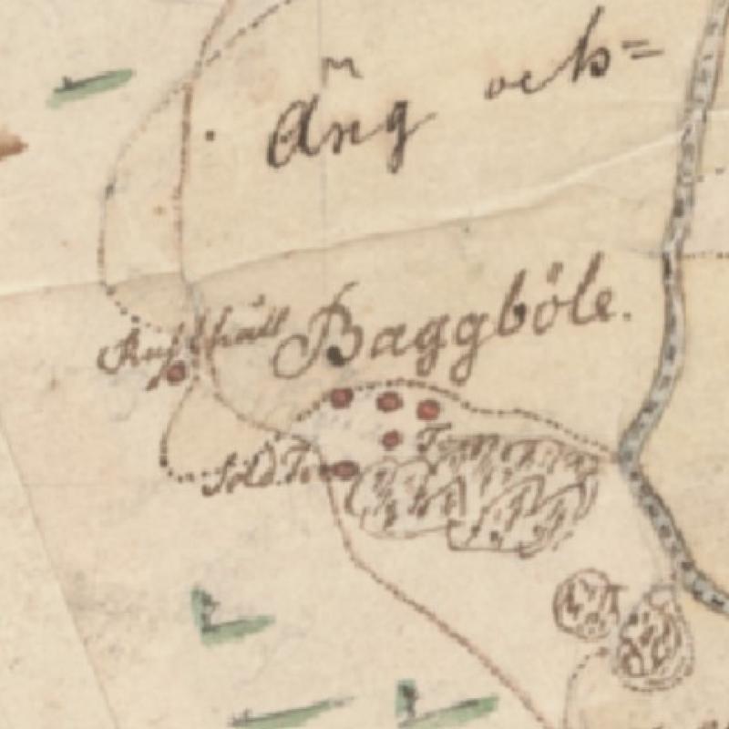 sana Baggböle ympäristöineen vuoden 1749 pitäjänkartalla