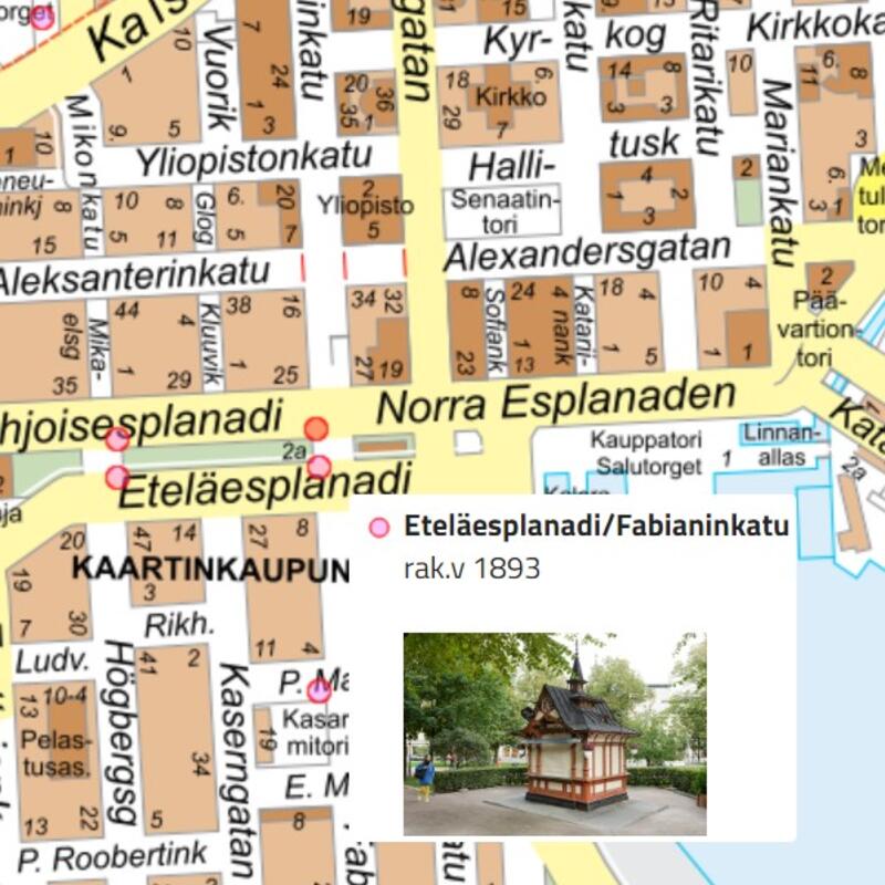 osoitekartta, jossa kioskin kuva Esplanadilla