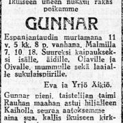 Kuolinilmoitus. Helsingin Sanomat, 9.10.1918, nro 199, s. 1. Kansalliskirjaston digitaaliset aineisto