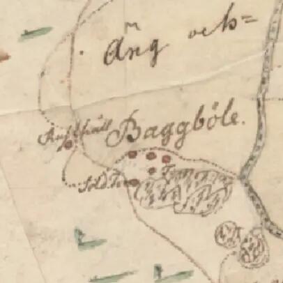 sana Baggböle ympäristöineen vuoden 1749 pitäjänkartalla
