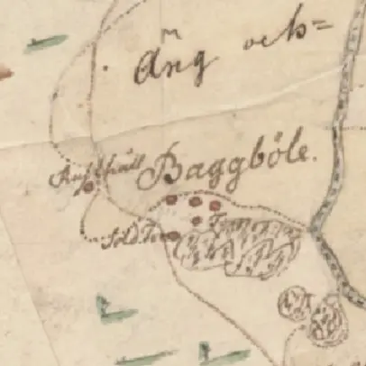 sana Baggböle ympäristöineen vuoden 1749 pitäjänkartalla