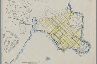 Befästningsingenjör Anders Torstenssons oförverkligade stadsplan för Helsingfors i Södernäs från 1638.  Med finns även ritningar för slott och befästningar.