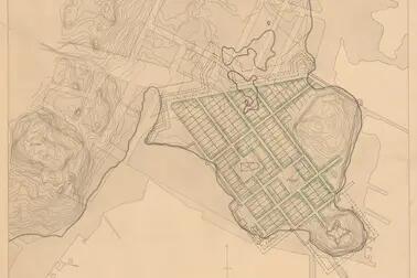 Karta från år 1639 som innehåller en detaljplan för ett eventuellt nytt Helsingfors på Sörnäs. 