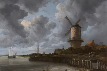Oljemålningen föreställer en vindkvarn i Holland. Den är omgiven av ett hamnområde. På himlen finns mörka moln.