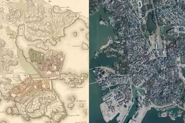 The first detailed plan of Helsinki, named the capital of the Grand Duchy of Finland, from 1820, and an aerial image from 2019. In the pictures, you can clearly see the impact of backfilling on the shape of the Helsinki peninsula. In addition to Kluuvinlahti, the small Töölönjärvi lake has also been filled in. 