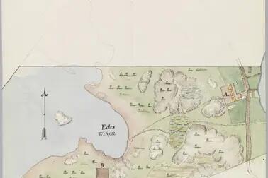 Charta som visar Läget af den för Tölö Lazarett utstakade Begrafnings Platts. Helsingfors den 30 Octob: 1826 Pehr Granstedt. Handritad och färglagd.