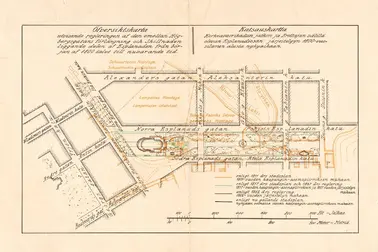 Katsauskartta Korkeavuorenkadun jatkon ja Erottajan välillä olevan Esplanadiosan järjestelyyn 1800-vuosiluvun alusta nykypäivään. Eri väreillä kuvattu vuosien 1811, 1817/1827, 1862 sekä kartan tekoajankohdan asemakaavapiirustukset sekä Kluuvinlahti v. 1811.