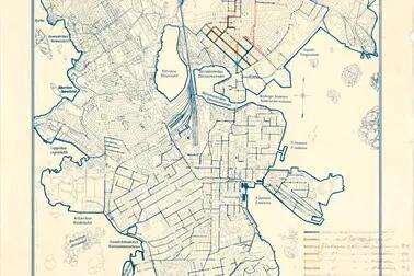 En karta över Helsingfors kloaksystem år 1908. Den norra gränsen går vid Böle.